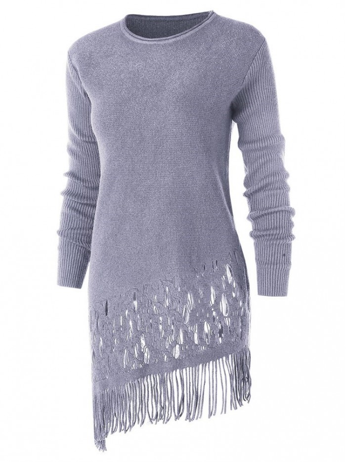 Pure Color Asymmetrical Tassel Hollowed-Out Sweater Dress