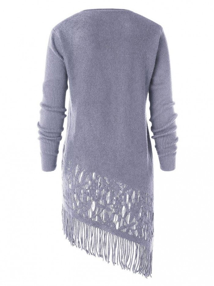 Pure Color Asymmetrical Tassel Hollowed-Out Sweater Dress