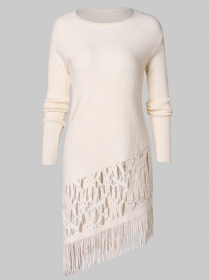 Pure Color Asymmetrical Tassel Hollowed-Out Sweater Dress