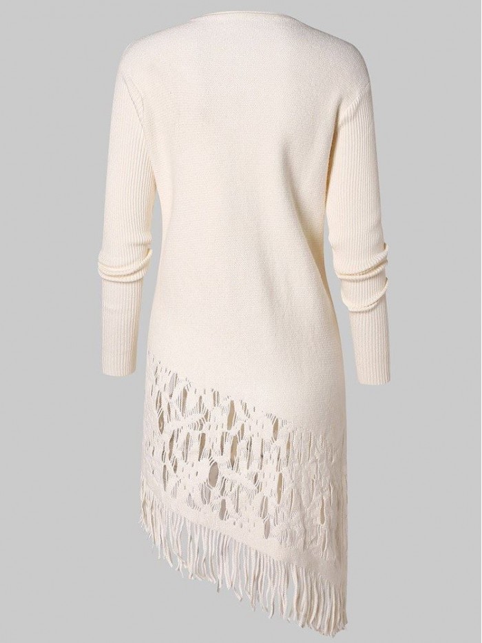 Pure Color Asymmetrical Tassel Hollowed-Out Sweater Dress