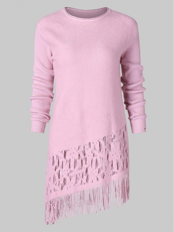 Pure Color Asymmetrical Tassel Hollowed-Out Sweater Dress