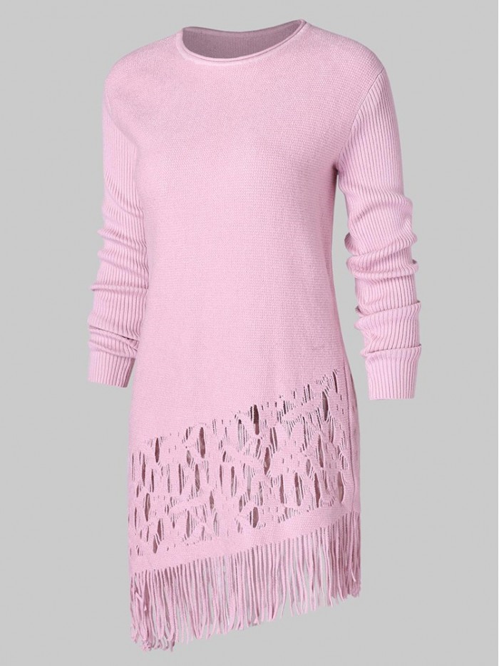 Pure Color Asymmetrical Tassel Hollowed-Out Sweater Dress