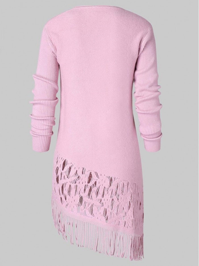 Pure Color Asymmetrical Tassel Hollowed-Out Sweater Dress