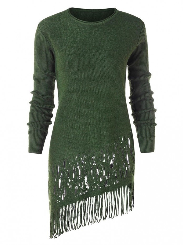 Pure Color Asymmetrical Tassel Hollowed-Out Sweater Dress