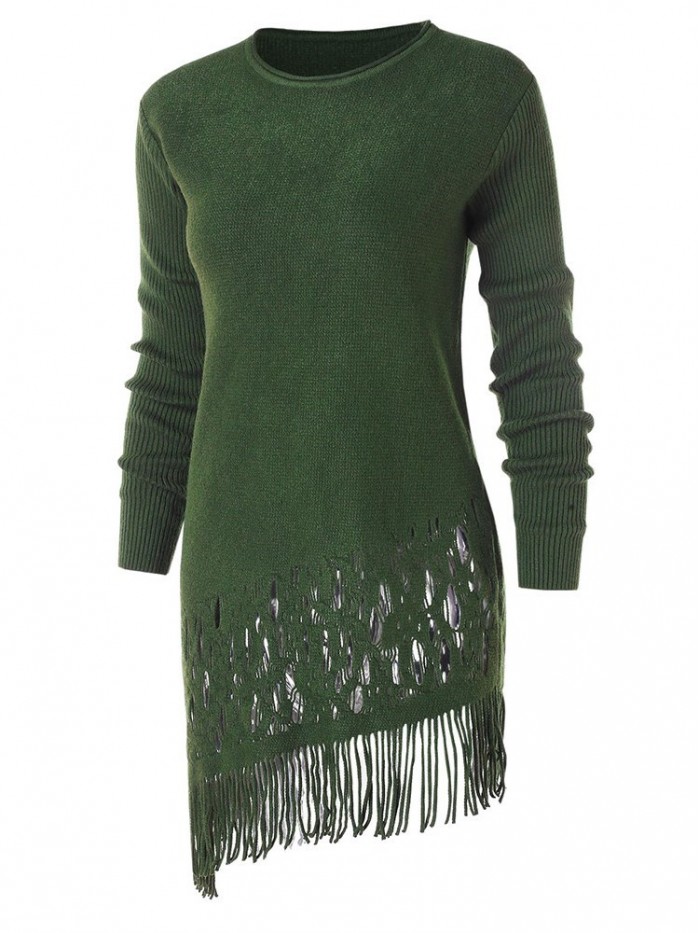 Pure Color Asymmetrical Tassel Hollowed-Out Sweater Dress