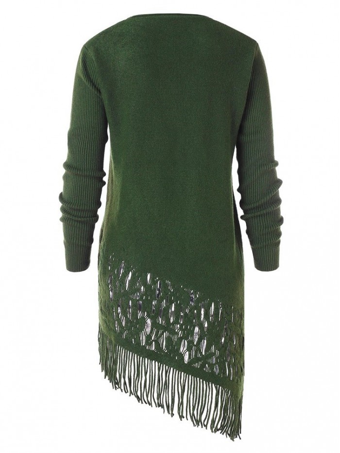 Pure Color Asymmetrical Tassel Hollowed-Out Sweater Dress