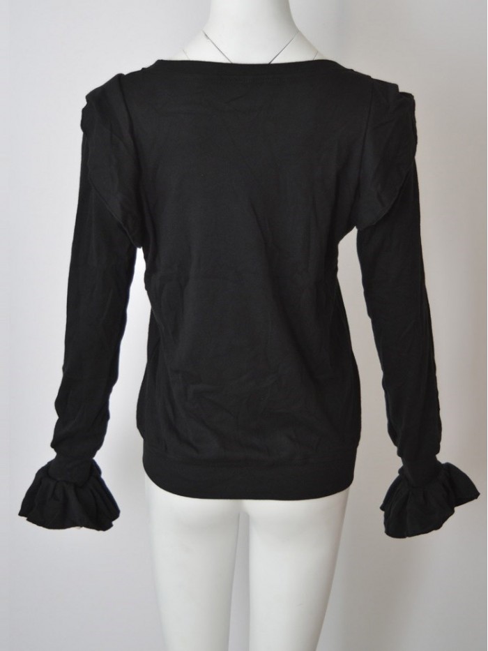 Black/White/Grey Elegant Pure Color Round Neck Long Sleeve T-Shirt