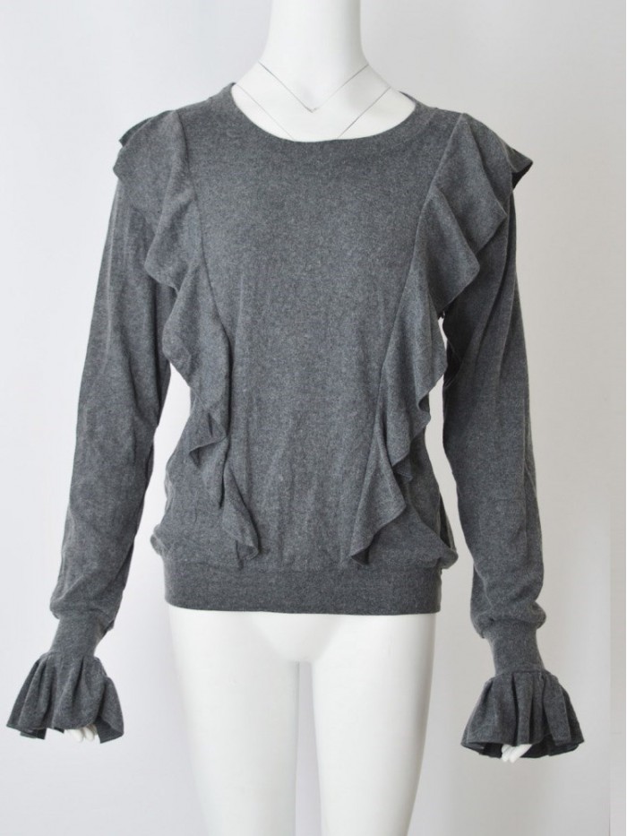 Black/White/Grey Elegant Pure Color Round Neck Long Sleeve T-Shirt