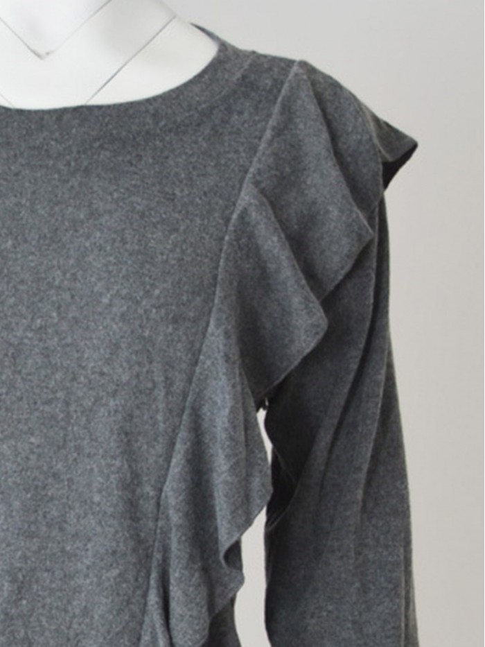 Black/White/Grey Elegant Pure Color Round Neck Long Sleeve T-Shirt