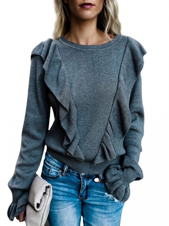 Black/White/Grey Elegant Pure Color Round Neck Long Sleeve T-Shirt