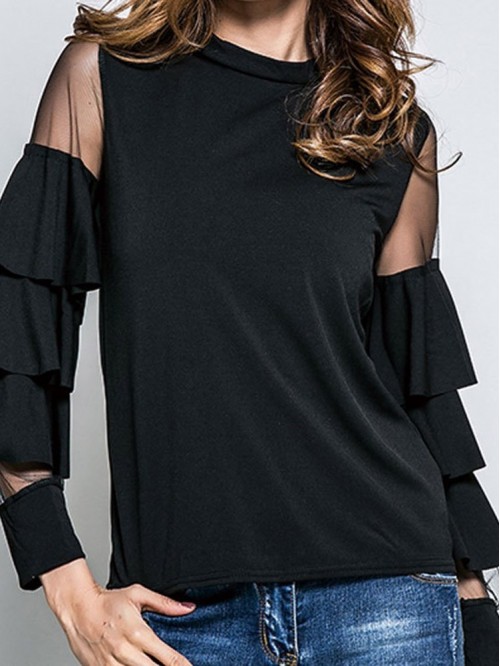 Elegant Round Neck Net Slim T-Shirt