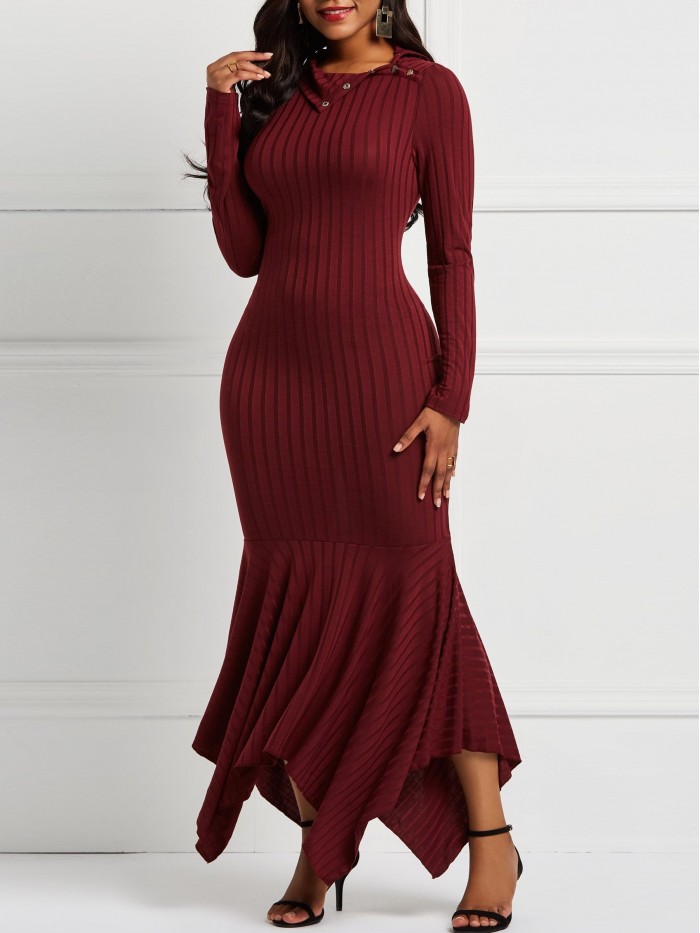 Wine Red Long Sleeve Bodycon Pullover Dresses