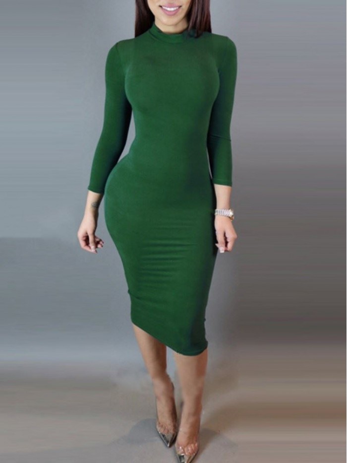 Sexy Solid Color Long Sleeve High Collar Bodycon Dress