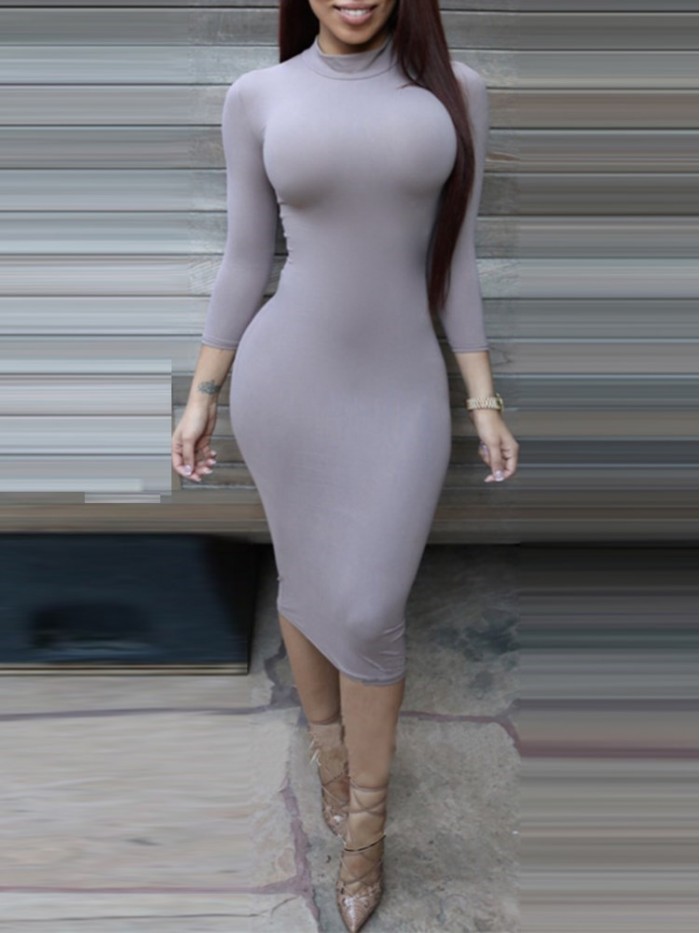 Sexy Solid Color Long Sleeve High Collar Bodycon Dress