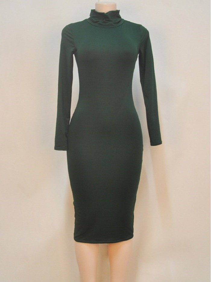 Sexy Solid Color Long Sleeve High Collar Bodycon Dress