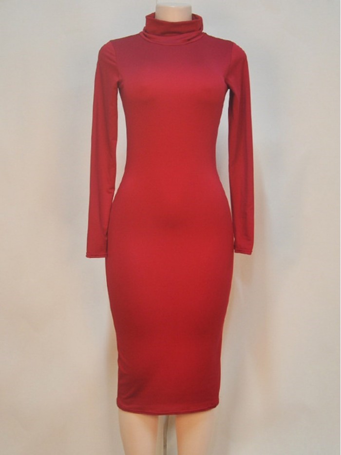 Sexy Solid Color Long Sleeve High Collar Bodycon Dress