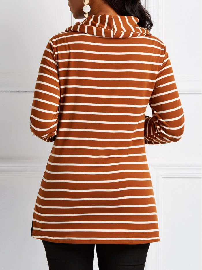 Brown Long-Sleeved Striped Loose-Fitting T-Shirt