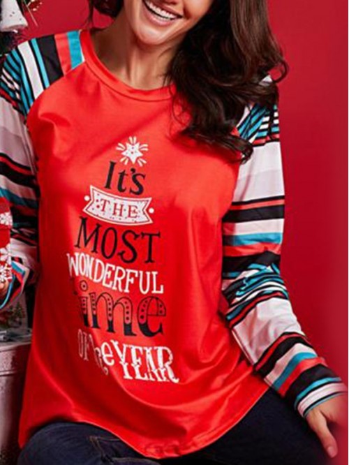 Red Christmas Style Long-Sleeved Printed T-Shirt