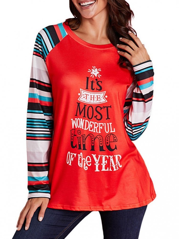 Red Christmas Style Long-Sleeved Printed T-Shirt