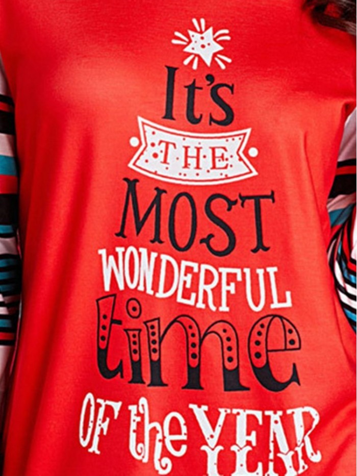 Red Christmas Style Long-Sleeved Printed T-Shirt