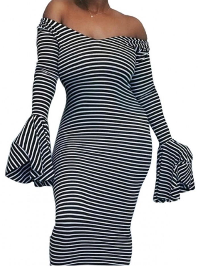 Sexy Off-The-Shoulder Striped Sweater Dress