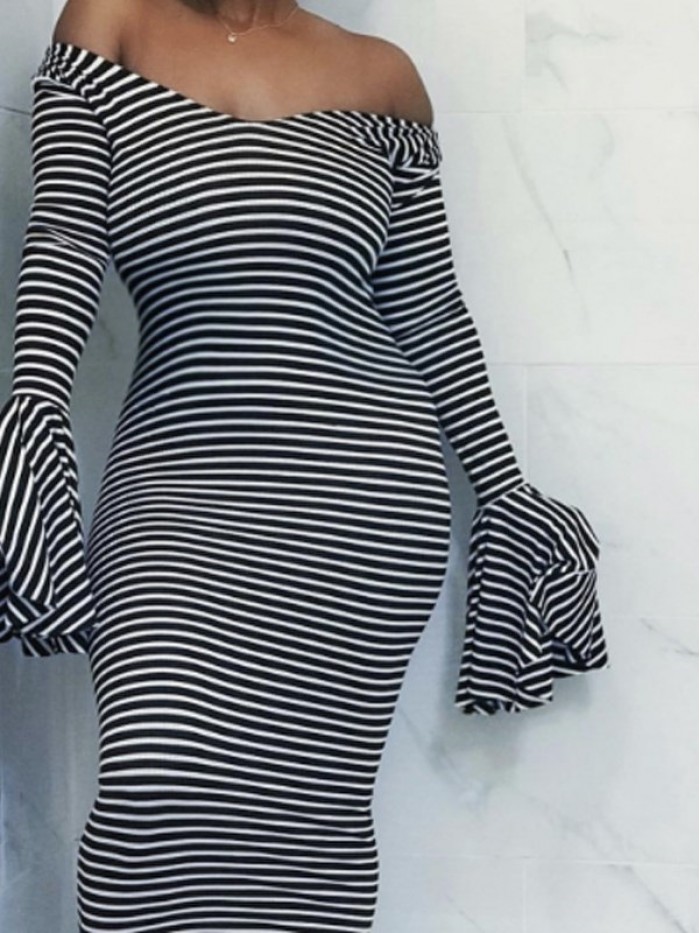 Sexy Off-The-Shoulder Striped Sweater Dress