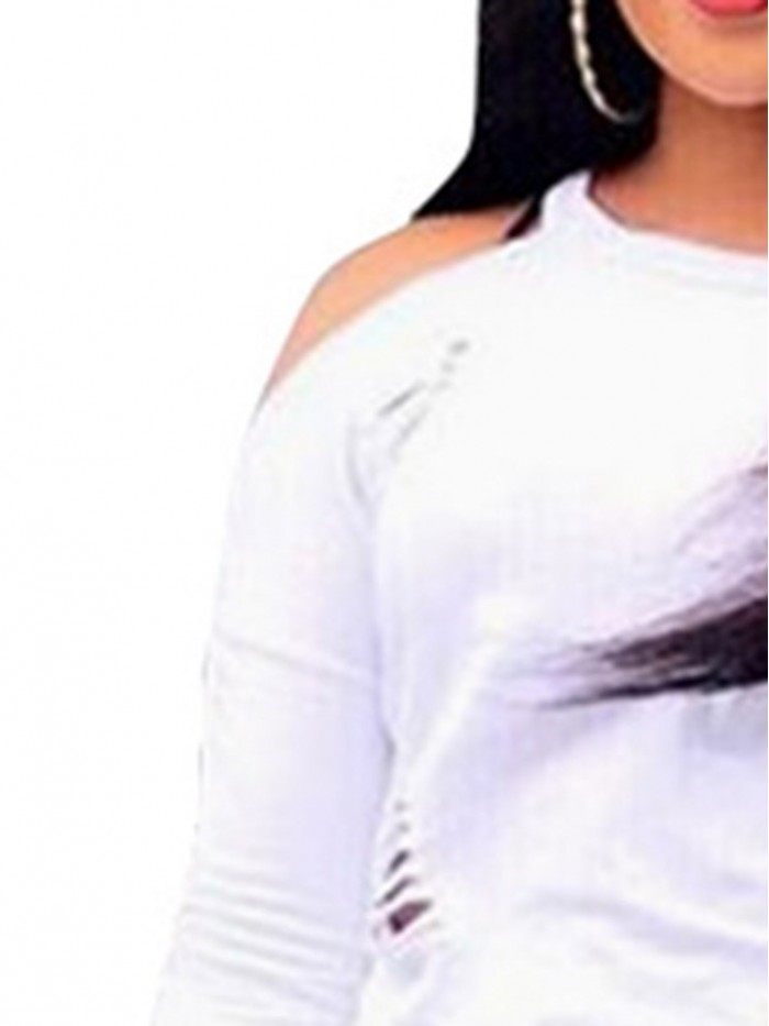 White Fashion Long-Sleeved Round Collar Off-The-Shoulder T-Shirt