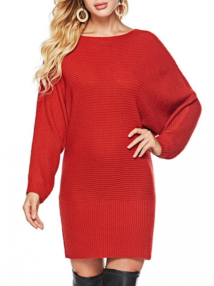 Round Neck Solid Color Bat Sleeves Dress