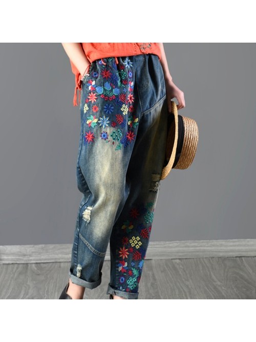 Retro loose floral embroidery jeans