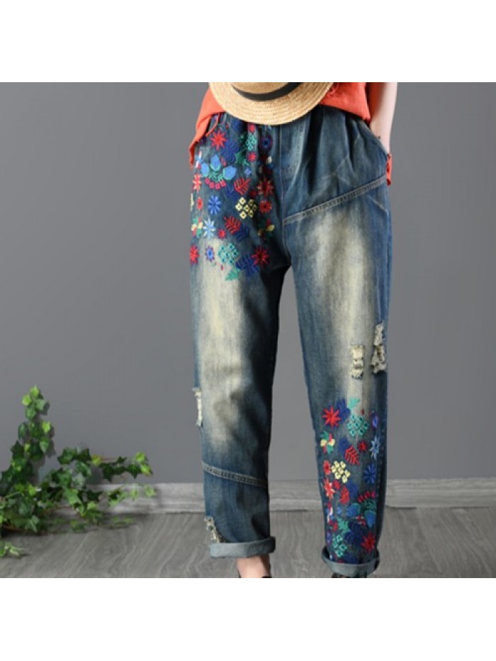 Retro loose floral embroidery jeans