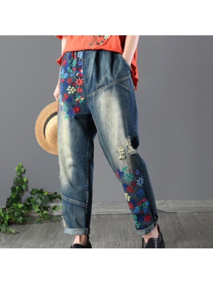 Retro loose floral embroidery jeans