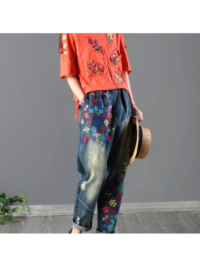 Retro loose floral embroidery jeans