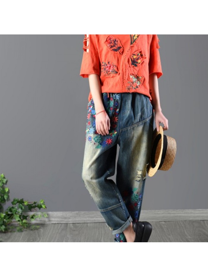 Retro loose floral embroidery jeans