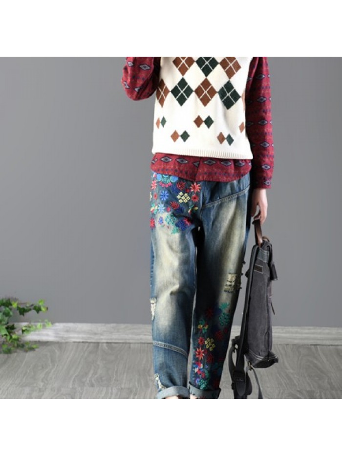 Retro loose floral embroidery jeans