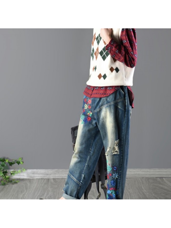 Retro loose floral embroidery jeans