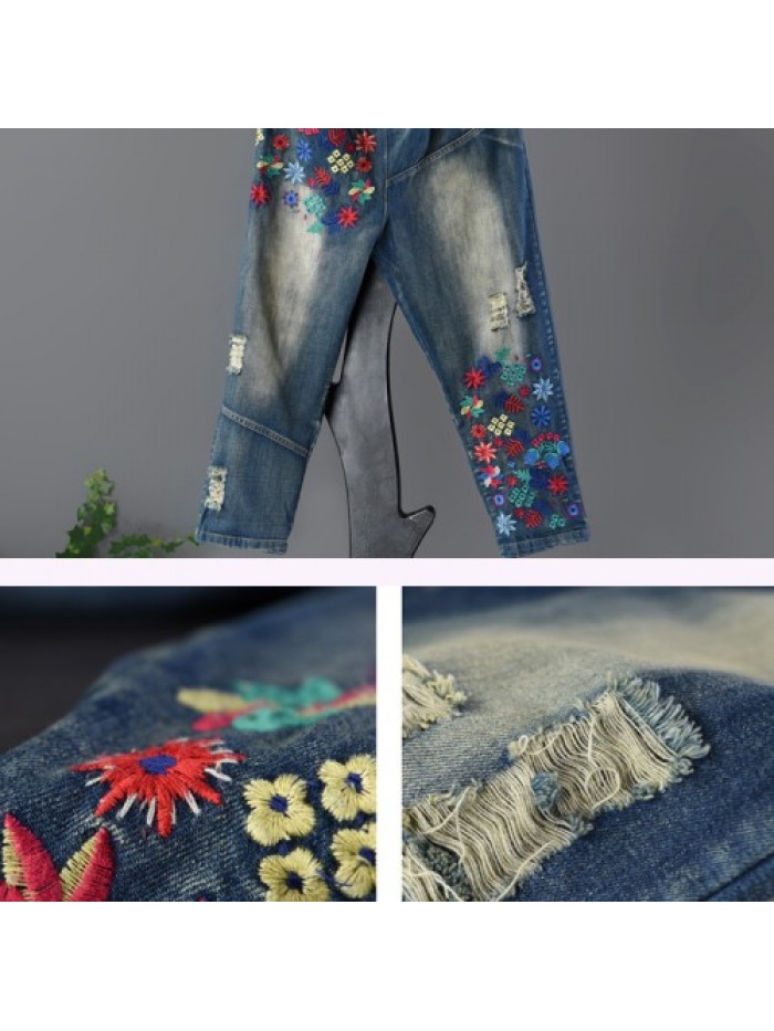 Retro loose floral embroidery jeans