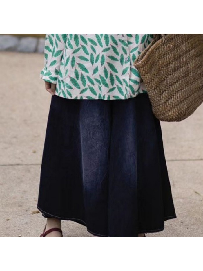 Fashion pleat and high waist leisure denim skirt