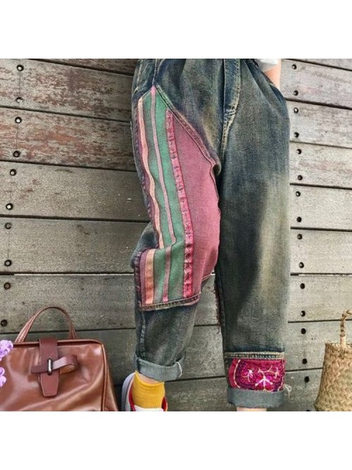 Vintage Folk style high waist stitching jeans