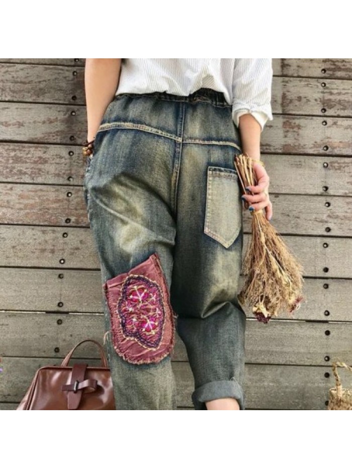 Vintage Folk style high waist stitching jeans