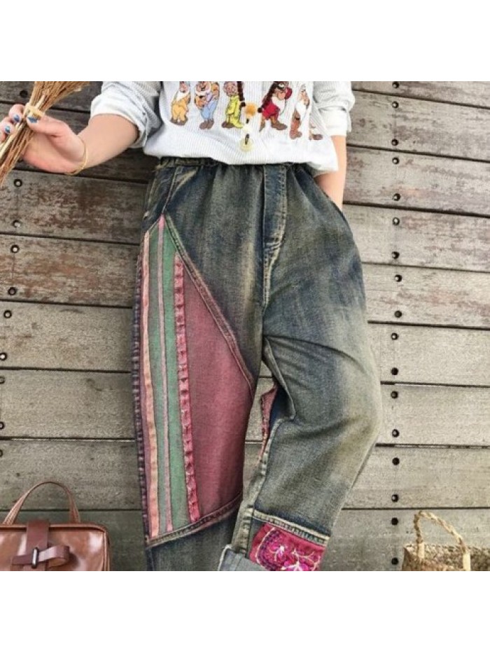 Vintage Folk style high waist stitching jeans