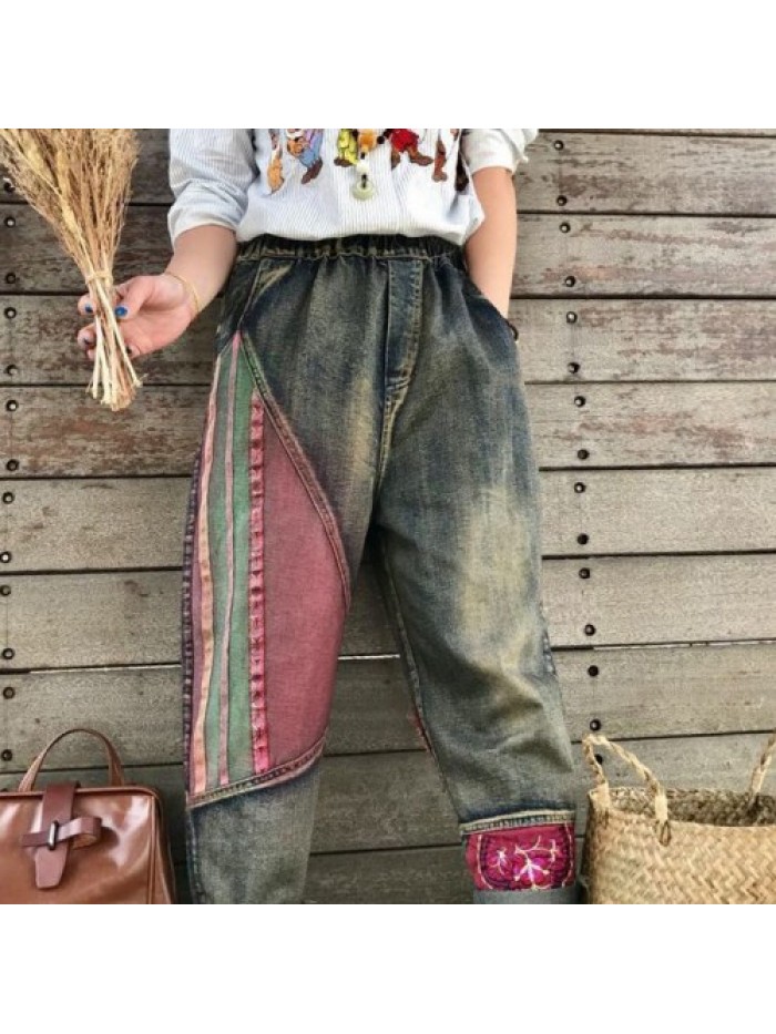 Vintage Folk style high waist stitching jeans