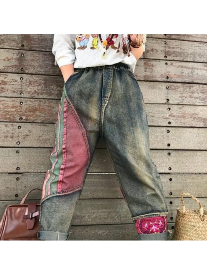 Vintage Folk style high waist stitching jeans