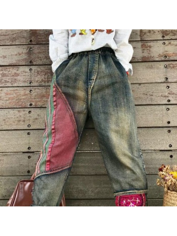 Vintage Folk style high waist stitching jeans