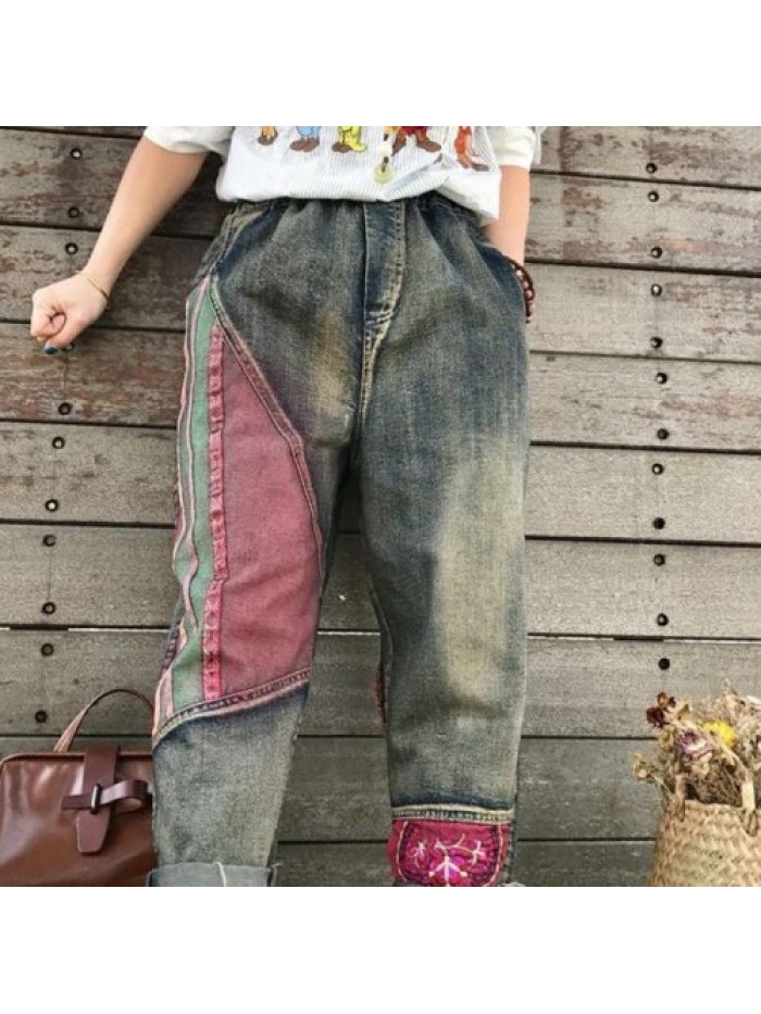 Vintage Folk style high waist stitching jeans