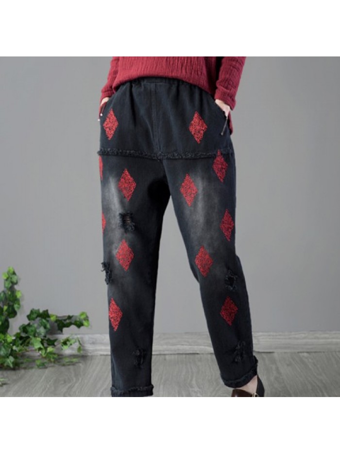 colorful Vintage Elastic Waist Embroidery Jeans