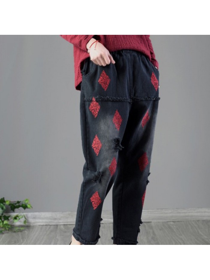 colorful Vintage Elastic Waist Embroidery Jeans