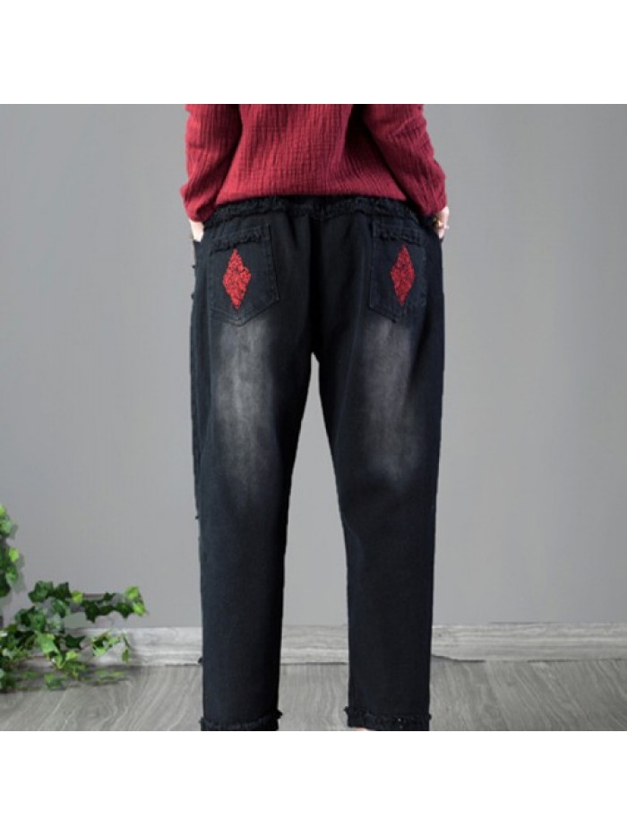 colorful Vintage Elastic Waist Embroidery Jeans