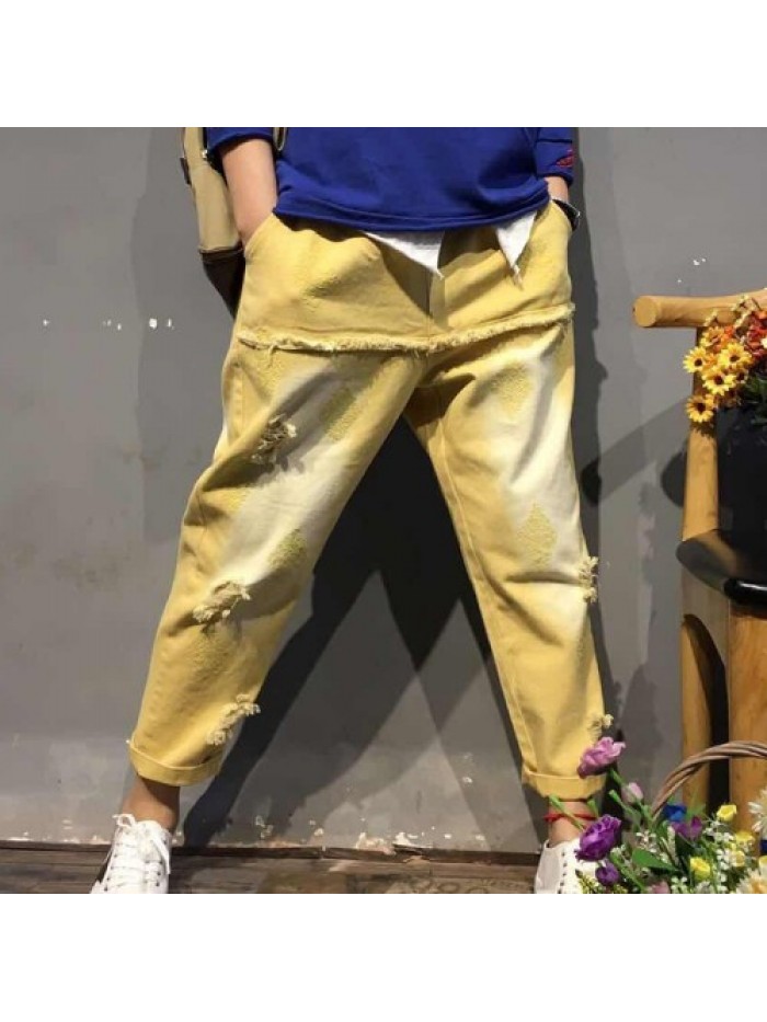 colorful Vintage Elastic Waist Embroidery Jeans