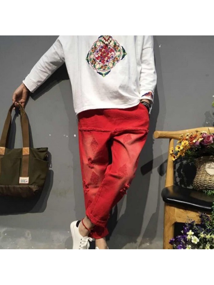 colorful Vintage Elastic Waist Embroidery Jeans