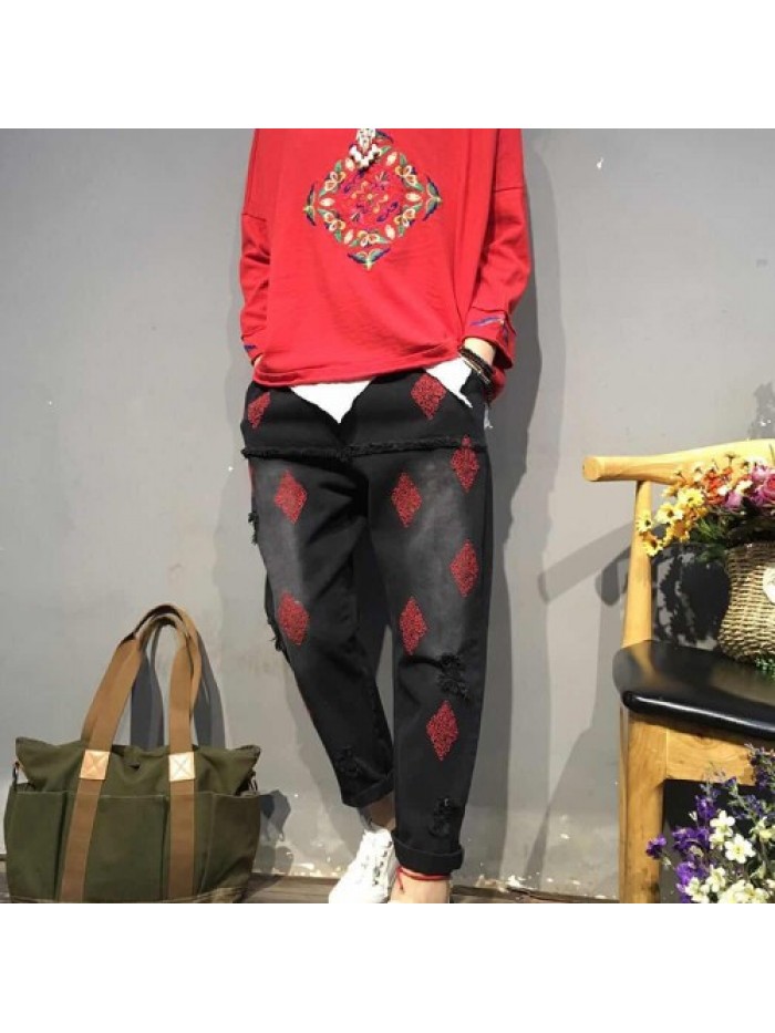 colorful Vintage Elastic Waist Embroidery Jeans